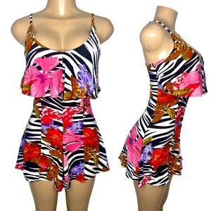 Tropical Women Short Jumpsuit Size S and M Stretchy Spaghetti Strap Flare Romper